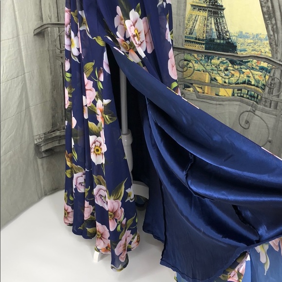 Faviana Blue Floral Chiffon Evening Gown Size 0 - Picture 5 of 8